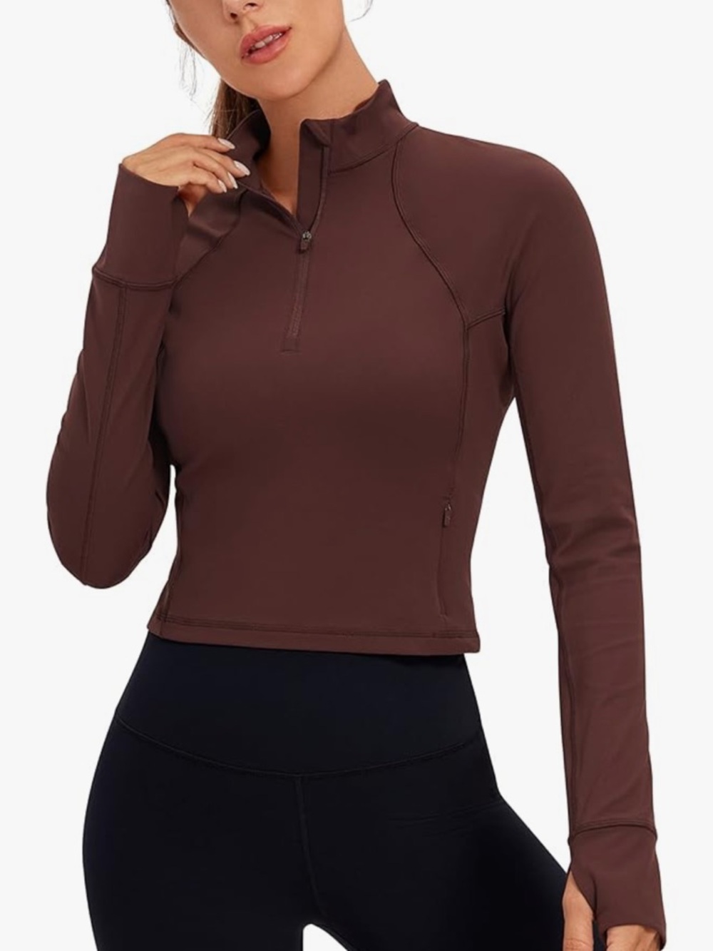 CRZ YOGA Women's Half-Zip Long Sleeve Crop Top in Taupe